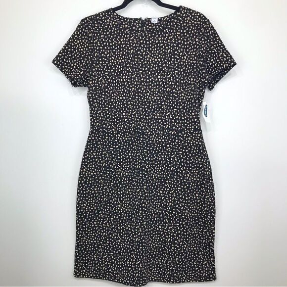 Old Navy Black Tan Print Short Sleeve Jersey Knit Sheath Stretch Dress NEW - Picture 1 of 12